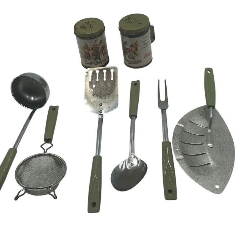 Vintage Chromium Plated Ekco USA Kitchen Utensil Lot Avocado Green Campbells S&P